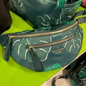 Kate Spade Chelsea Monstera Leaves Print Nylon Belt Bag Fanny Pack Green Multi